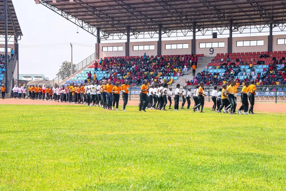 Pupils assembled at the stadium